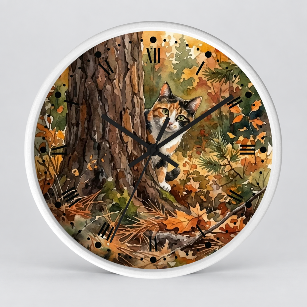 A round wall clock with a white frame and a printed autumn forest design featuring a calico cat behind a tree, with black Roman numerals and black clock hands on a light gray background.