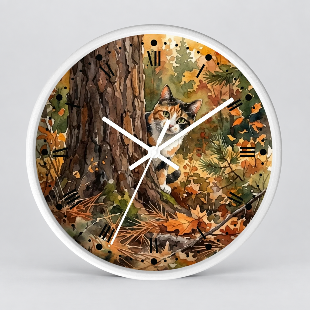 Round wall clock with a white frame and a printed autumn forest scene featuring a cat under a tree, with white clock hands and black Roman numerals.