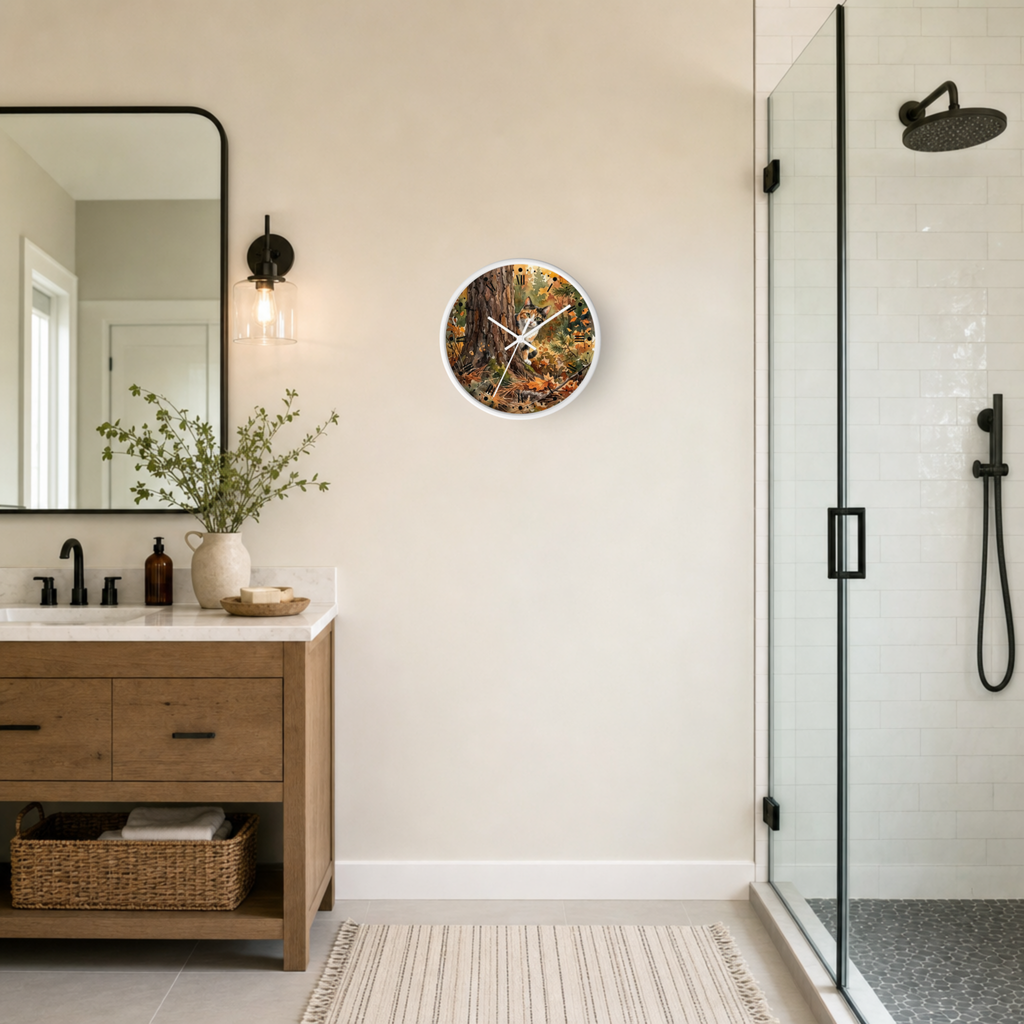 A round wall clock with an illustration of a peeking calico cat and autumn forest hangs on a beige wall in a modern bathroom setting next to a wooden vanity and a glass shower door.
