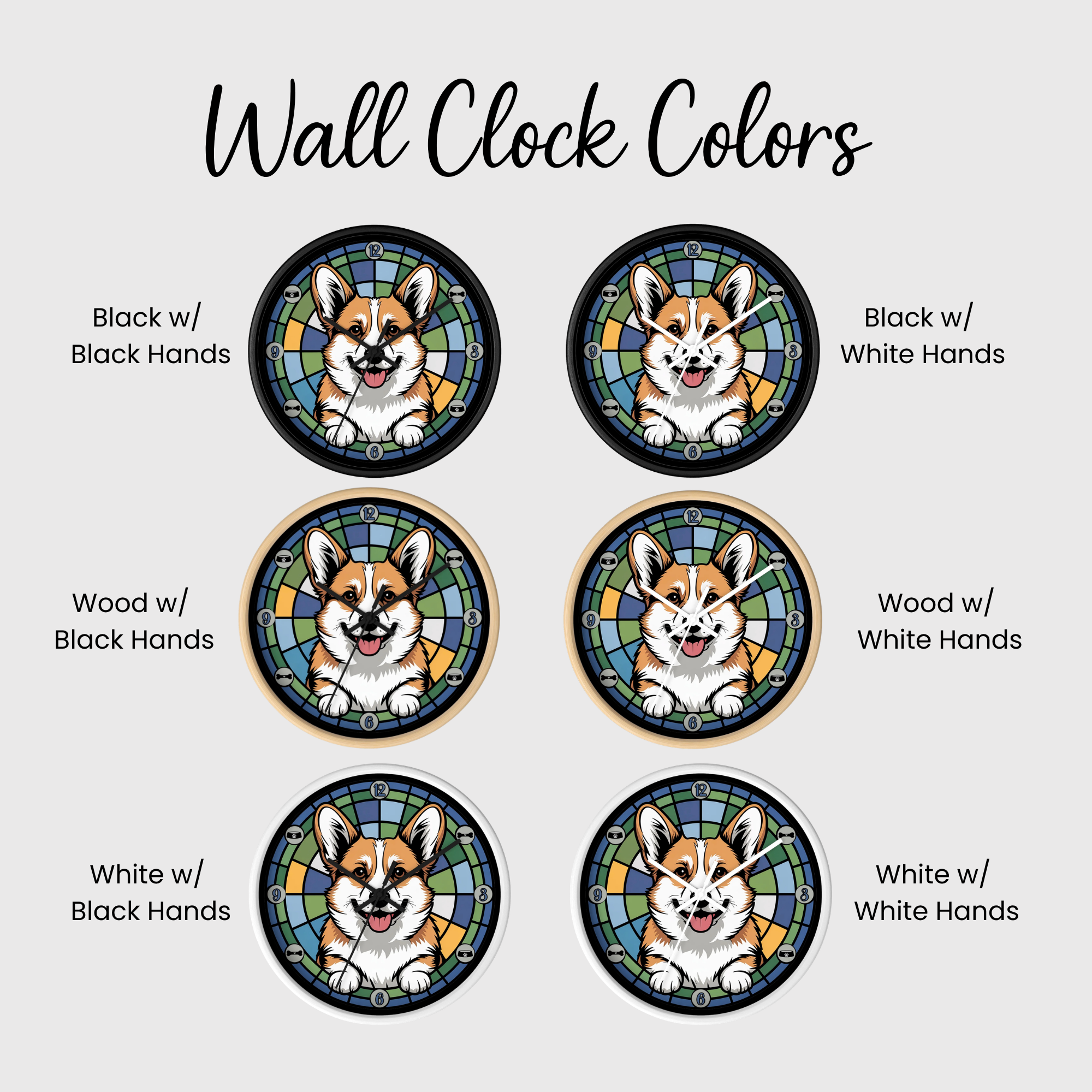 Wall clock color options with a corgi design on a white background
