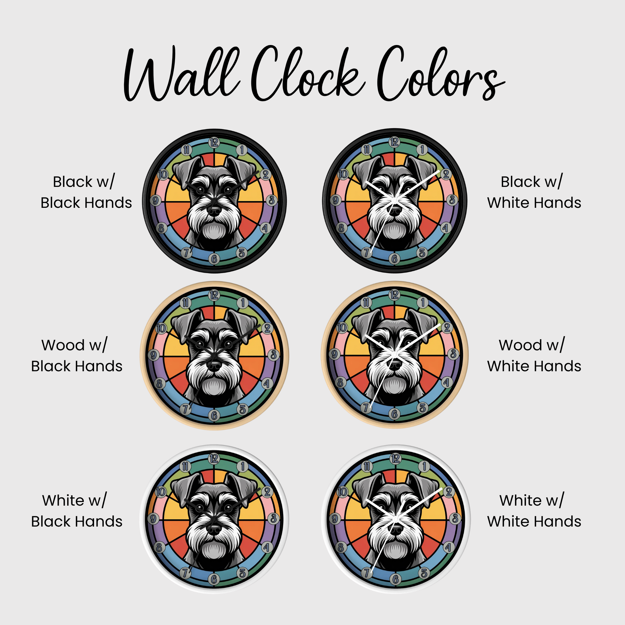 Set of wall clocks with different color and hand combinations on a white background.