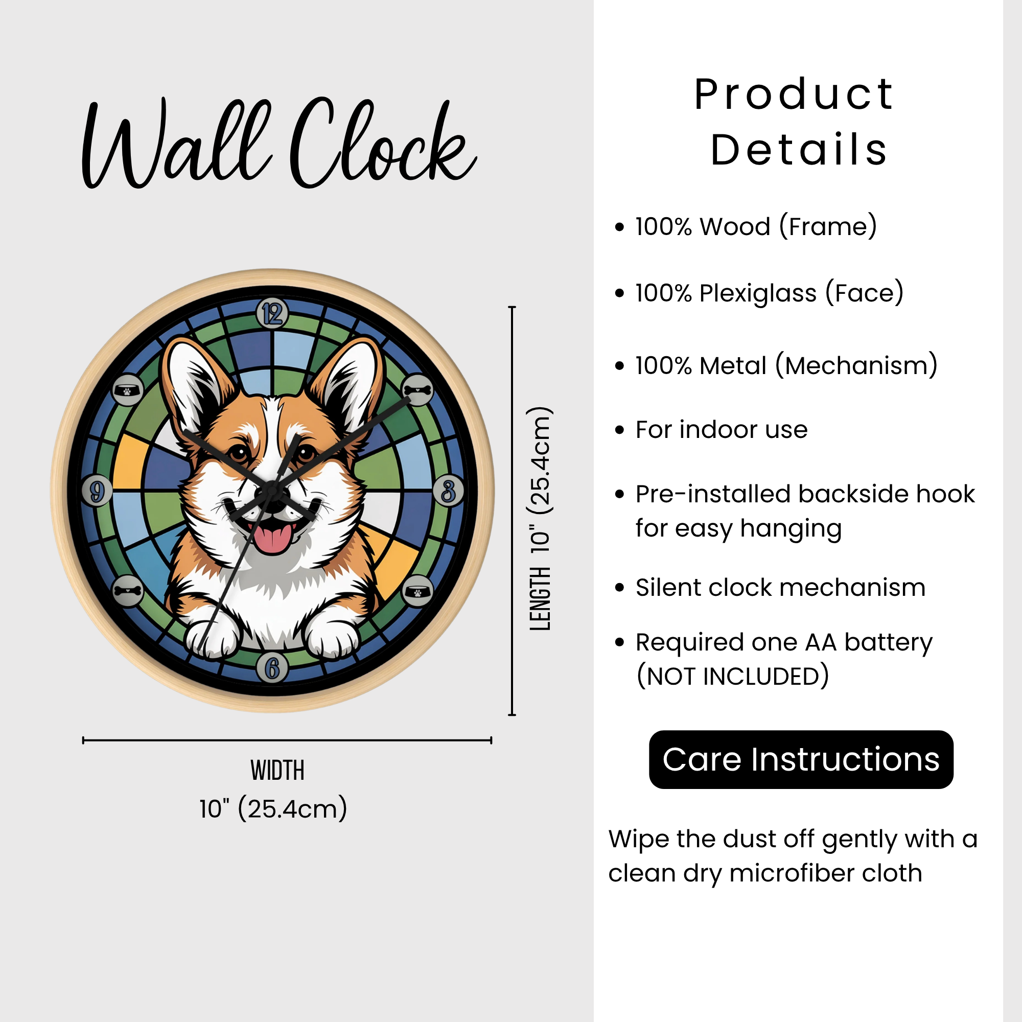 Wall clock with dog design on a white background, featuring product details and care instructions.
