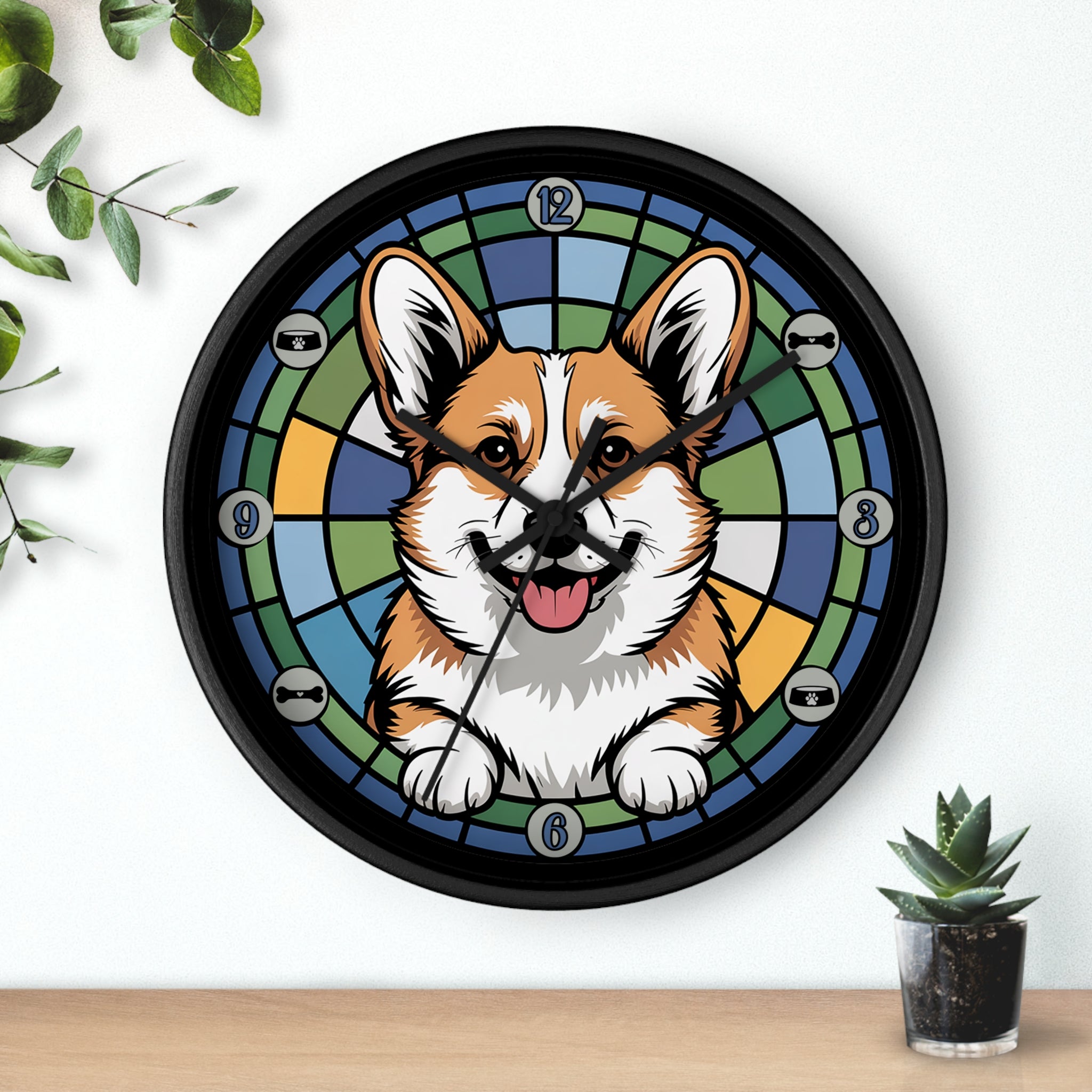 Wall clock with a corgi design on a white wall with a plant and small pot.