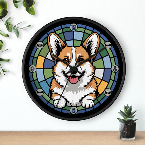 Wall clock with a corgi design on a white wall with a plant and small pot.