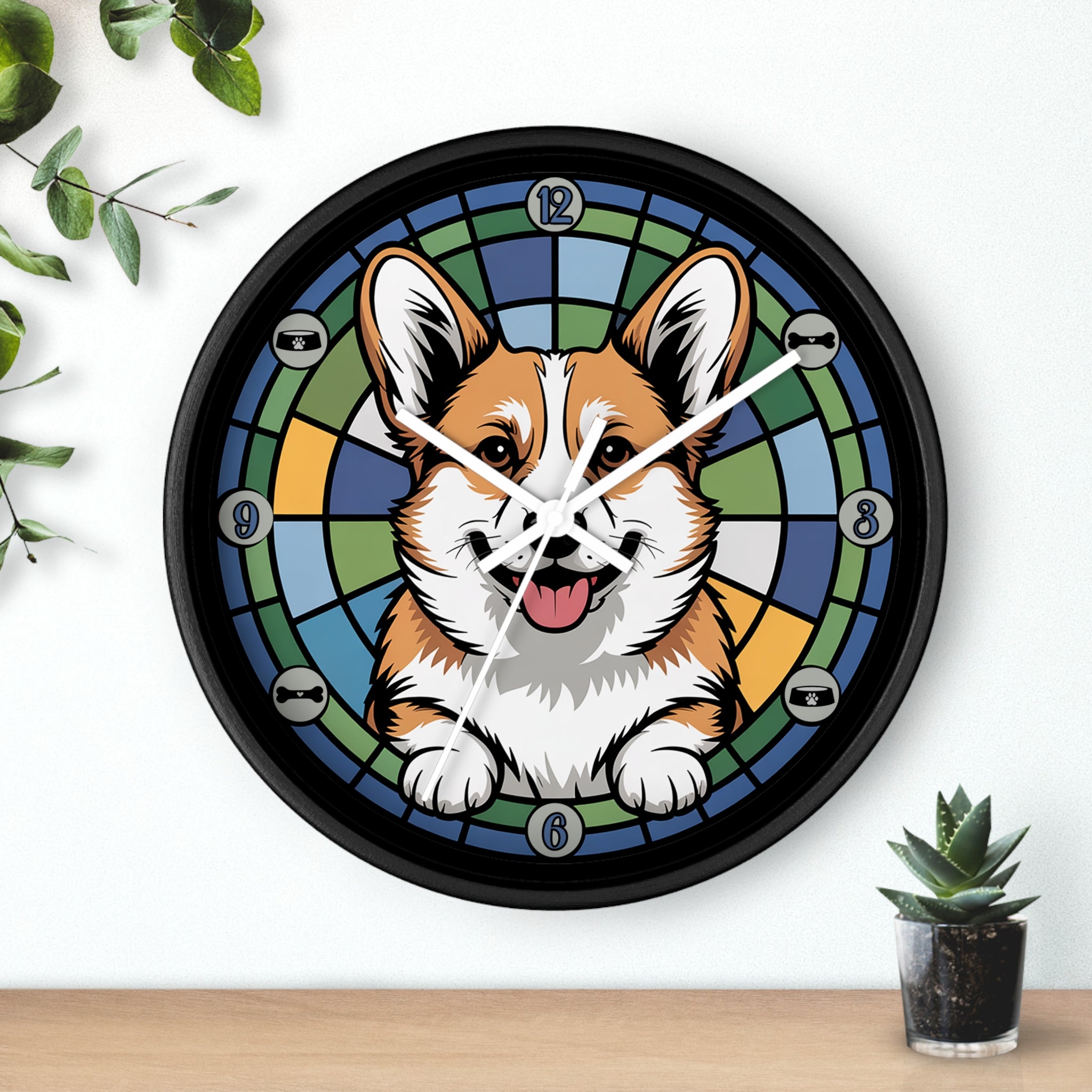 Wall clock with a corgi design on a white wall with a plant and small pot.