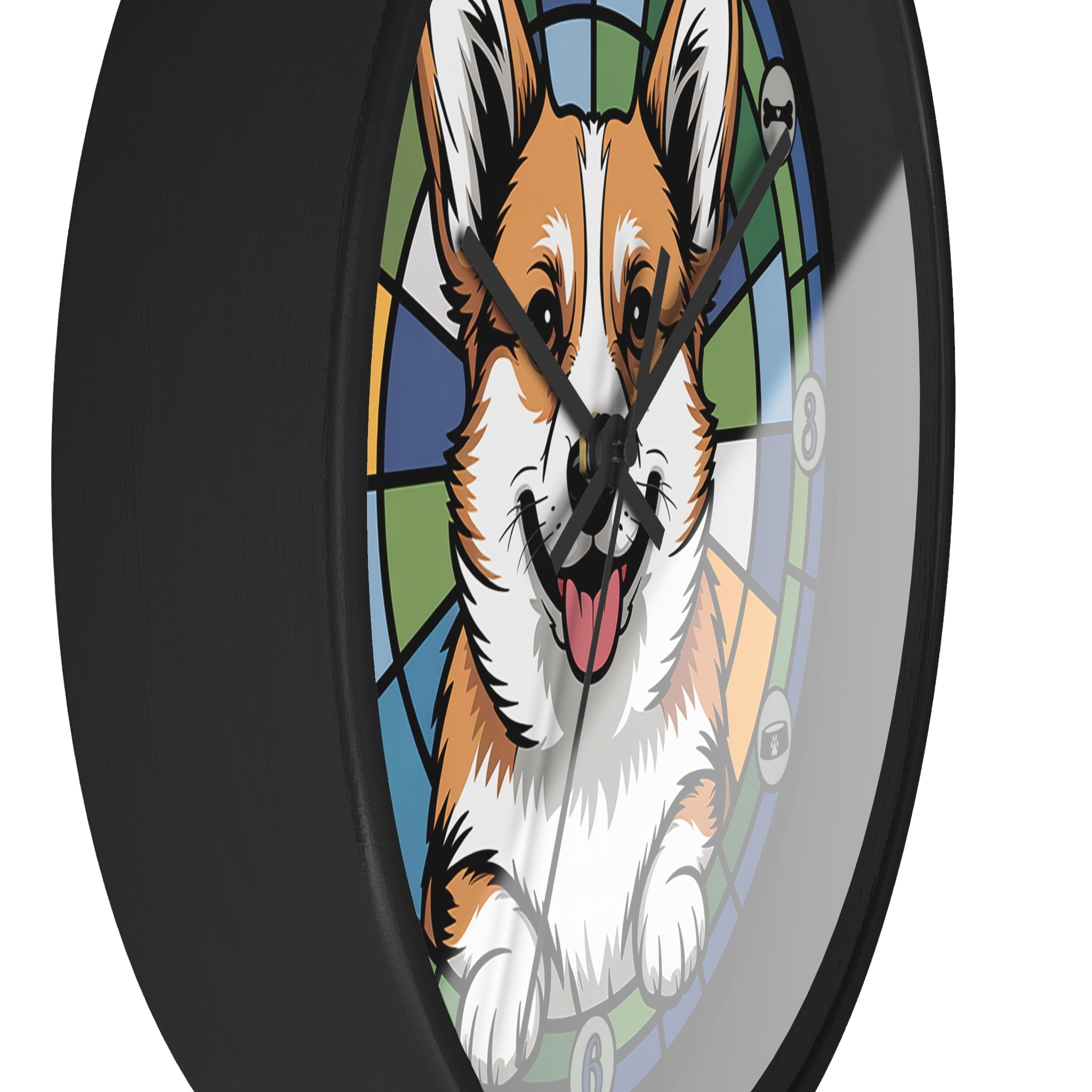 Wall clock with a dog illustration in a stained glass style on a black background