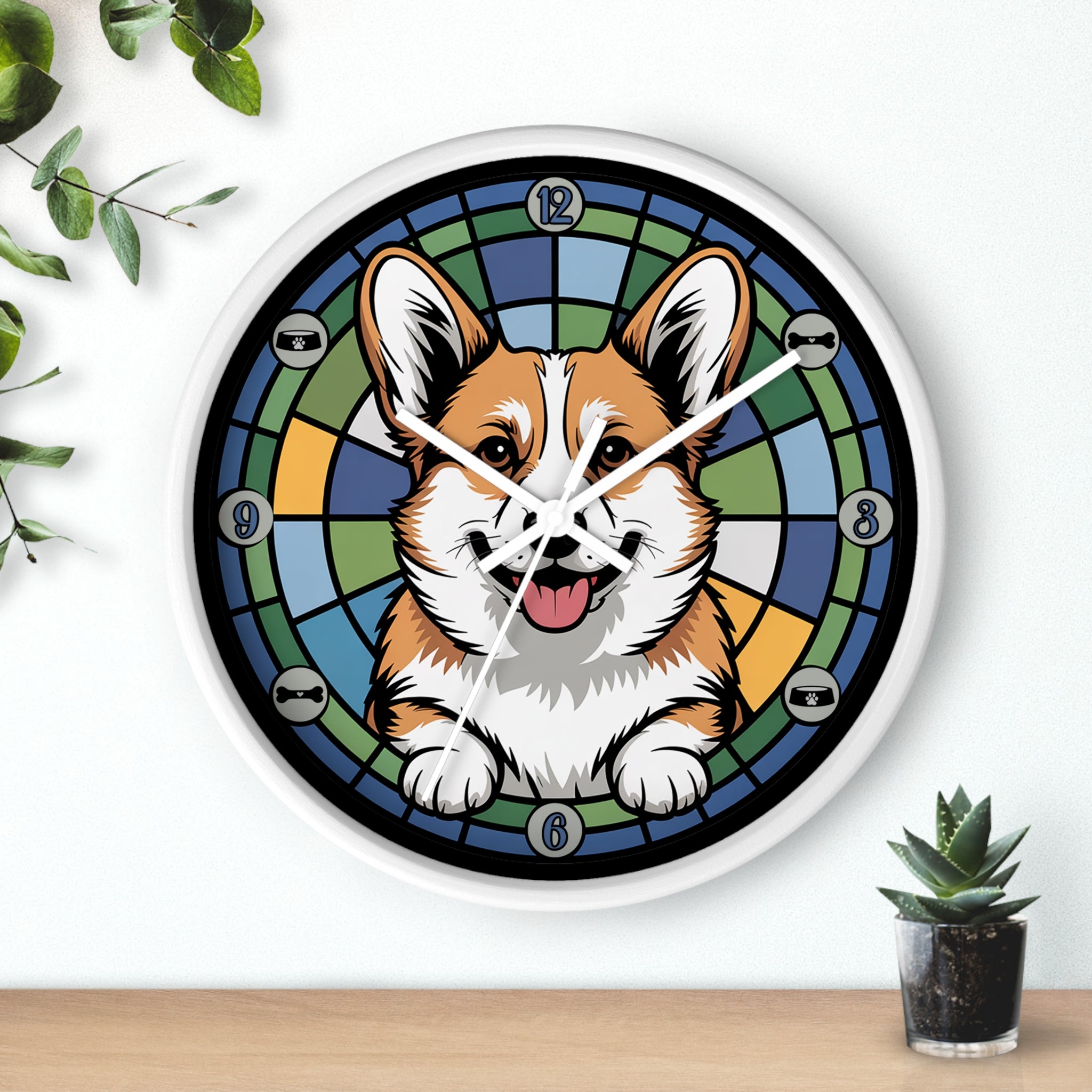 Round White Wall clock with a corgi design on a white wall with plants.