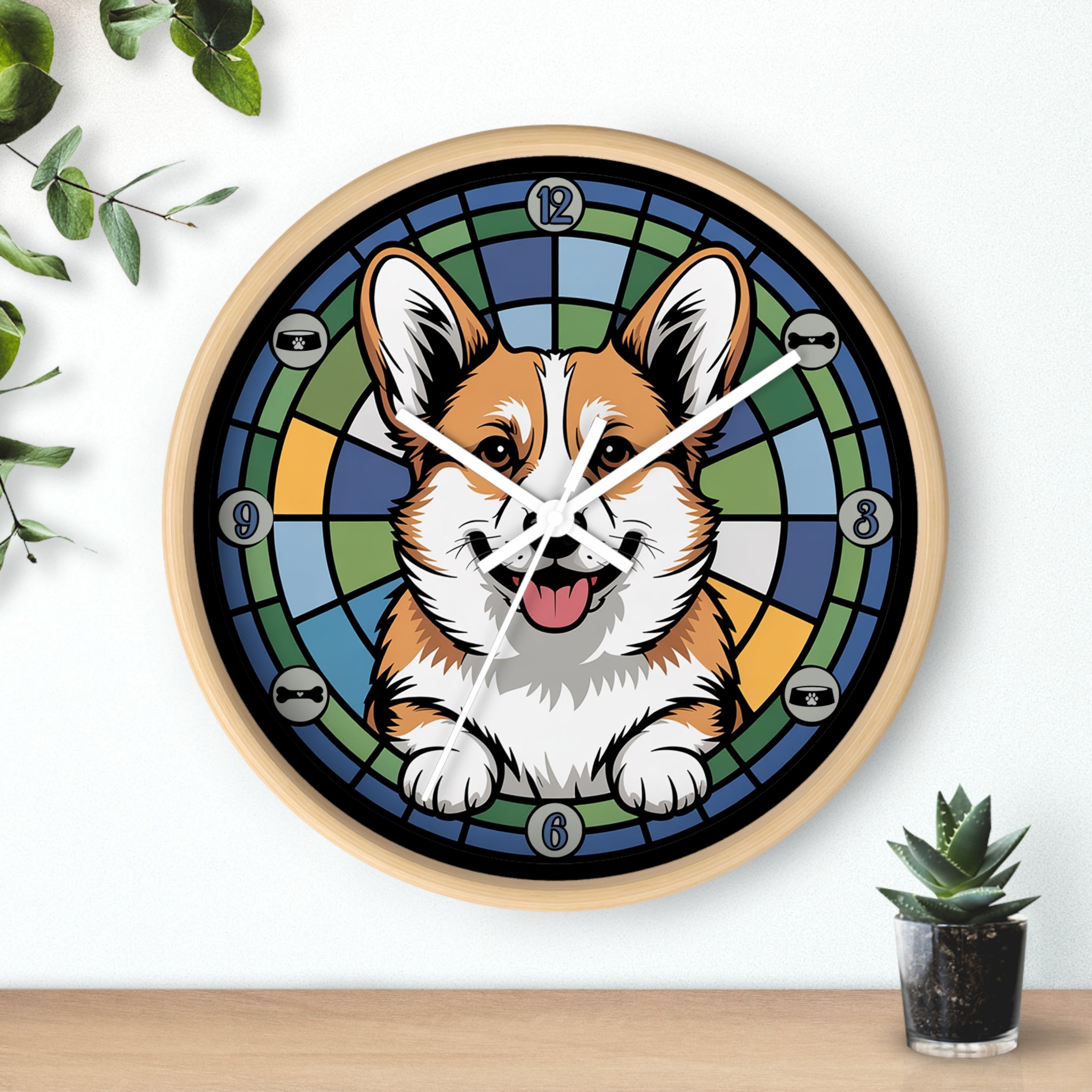 Wall clock with a corgi design on a white background