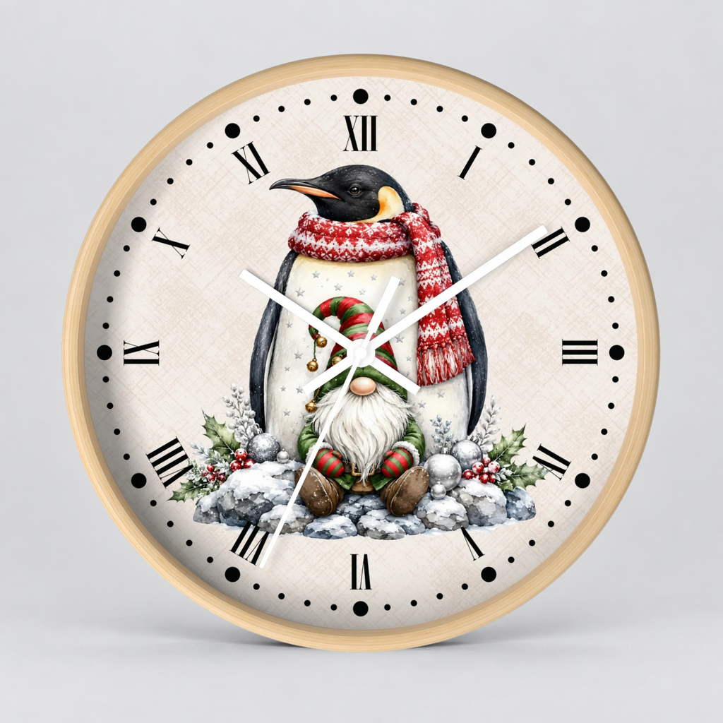 A round wall clock with a light wood frame and a cream-colored face, featuring a festive illustration of a penguin wearing a red knit scarf and a gnome sitting in the snow. The clock has black Roman numerals and hands on a neutral gray background.