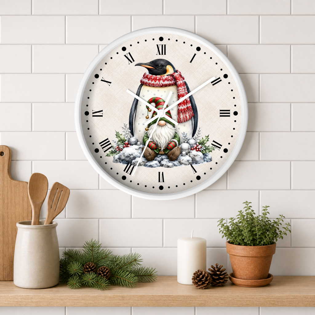 A round wall clock with a white frame hangs on a white subway tile wall above a wooden shelf. The clock face features a whimsical illustration of a penguin wearing a red and white striped knit sweater and matching knit hat, sitting in the snow with a small gnome beside it.