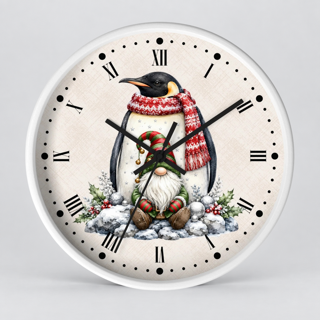 A round wall clock with a white frame and a cream-colored face featuring a festive illustration of a penguin wearing a red and white striped knit scarf, standing next to a small gnome in snow with green holly accents. The clock has black Roman numerals and black hands.