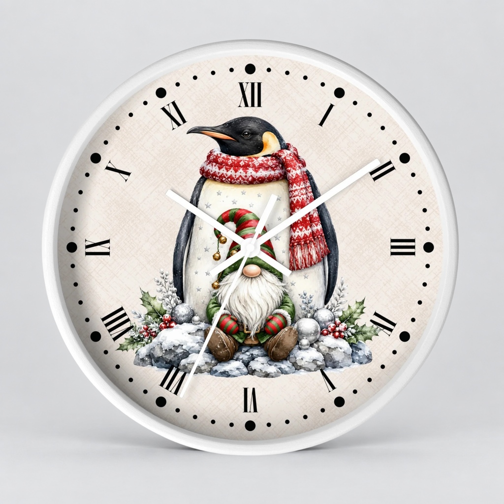 A round wall clock with a white frame and a cream-colored face, featuring a festive illustration of a penguin wearing a red knit scarf and a gnome sitting in the snow. The clock has black Roman numerals and black dot hour markers, with white clock hands.