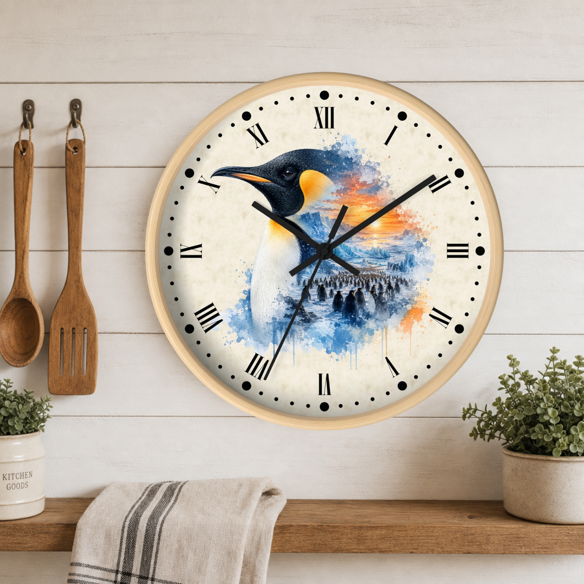 A round wall clock with a light wood frame hangs on a white wood plank wall above a wooden shelf. The clock face features a colorful watercolor-style penguin illustration with blue, orange, black, and white tones.