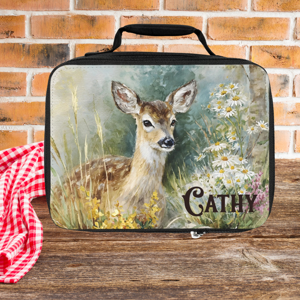  insulated lunch bag with a deer design and 'Cathy' personalized text, placed on a wooden picnic table with a brick wall background.