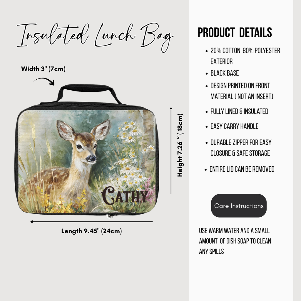 Insulated lunch bag with a deer design and product details on a white background