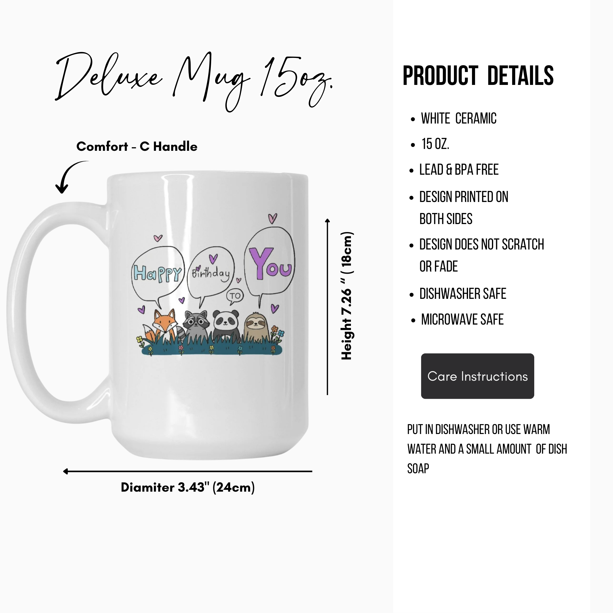 White ceramic mug with a design and product details on a white background