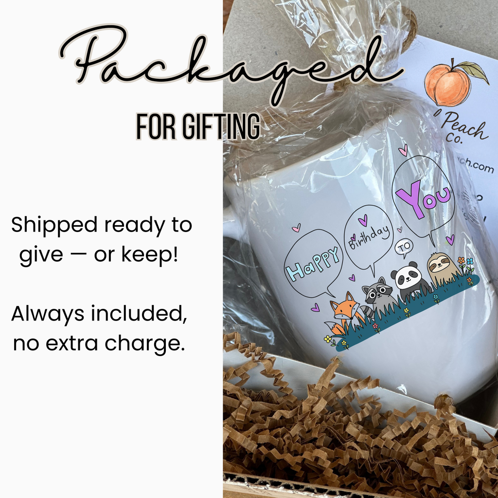 Product packaging with text 'Packaged for gifting' and a white container with cartoon characters and text.