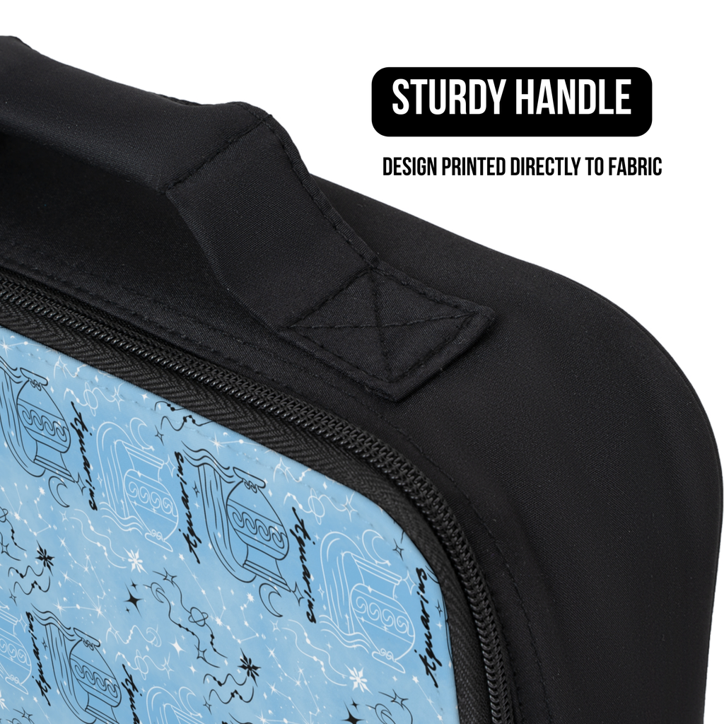 Black lunch bag with a blue zodiac patterned and text indicating a sturdy handle and fabric design.