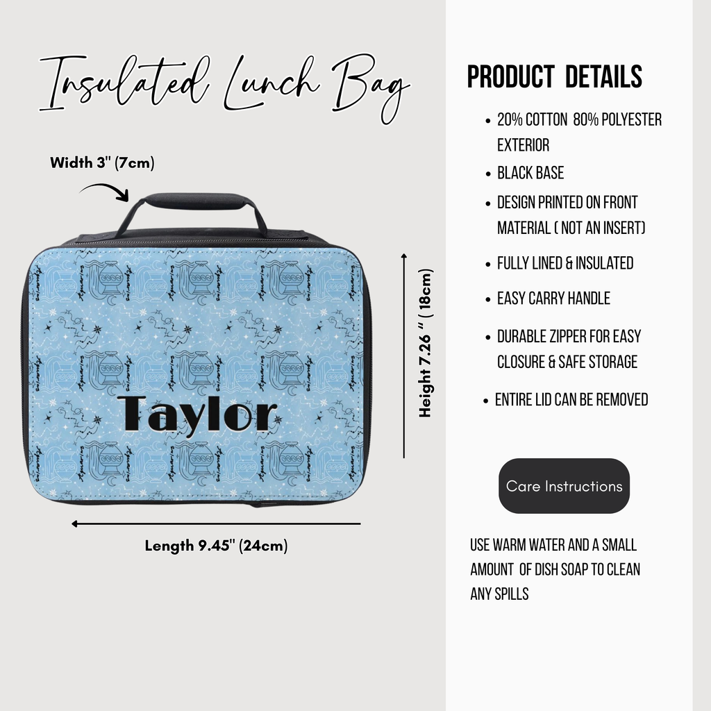Insulated lunch bag with Aquarius pattern and  'Taylor' custom text, dimensions, and product details on a white background.
