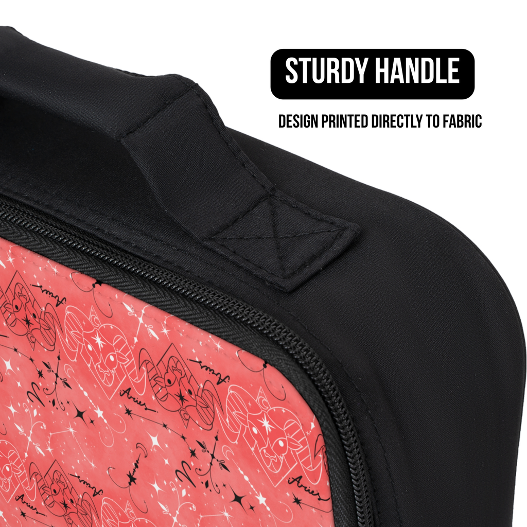 Black lunch bag with a pink Aries zodiac design featuring astrological signs and a sturdy handle label.