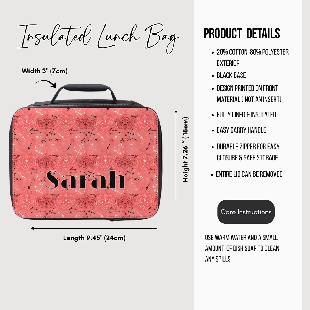 Insulated lunch bag with pink Aries zodiac design and 'Sarah' custom text, featuring product details on a white background.