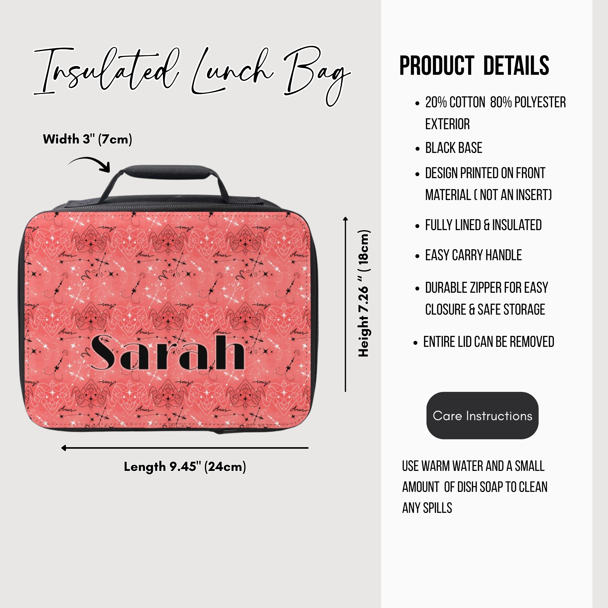Insulated lunch bag with pink Aries zodiac design and 'Sarah' custom text, featuring product details on a white background.