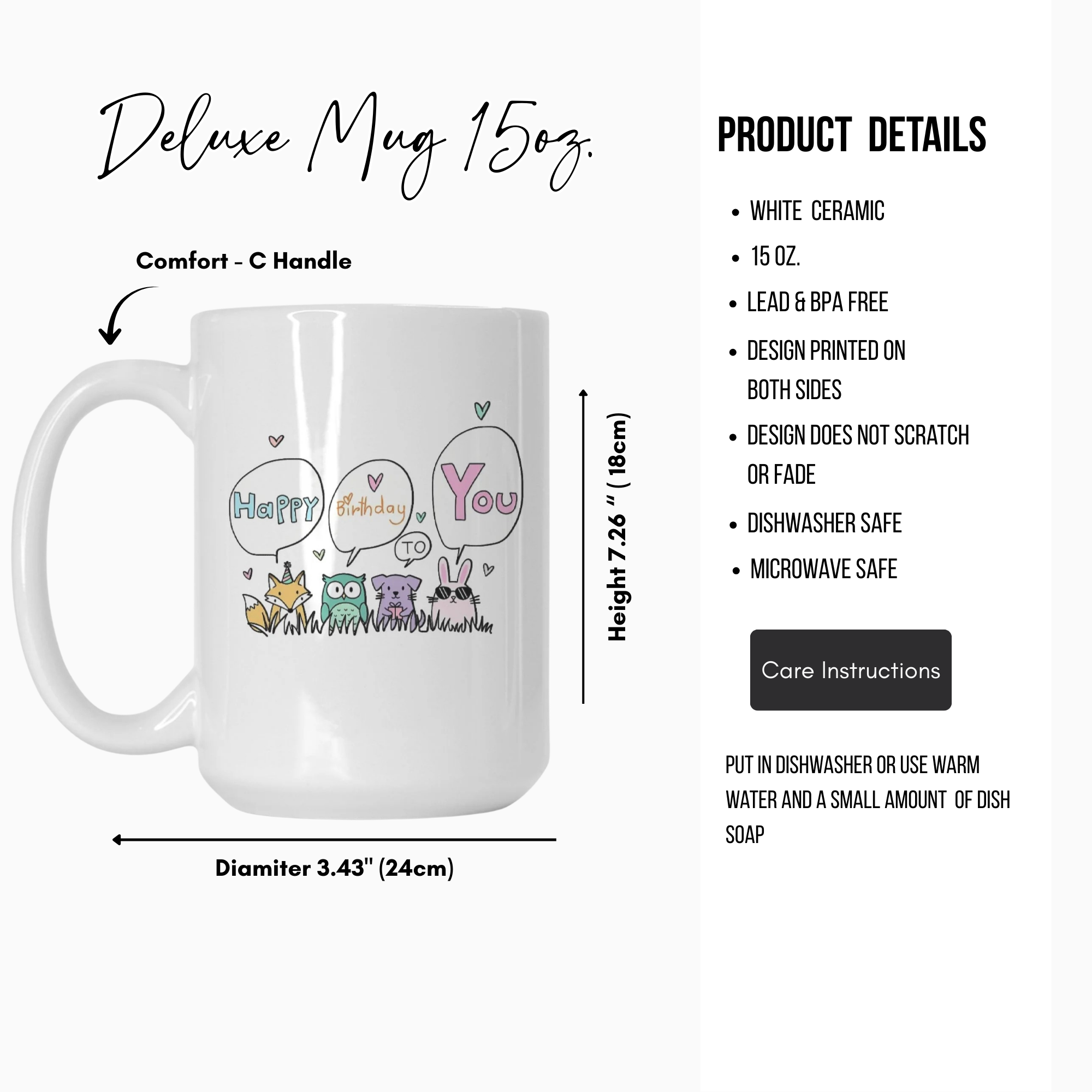 White ceramic mug with cartoon design and product details on a white background