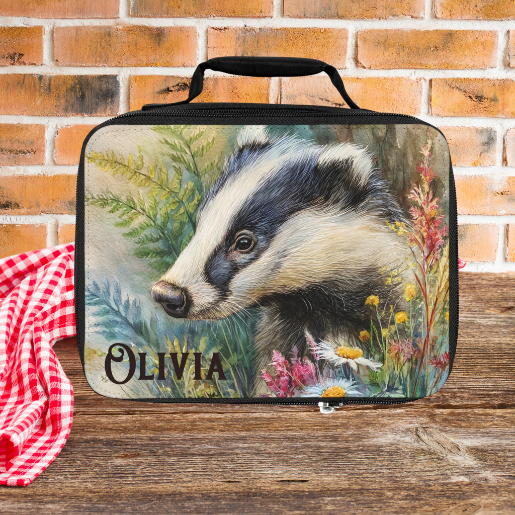 Lunch bag with badger design and 'Olivia' personalized text on a picnic table against a brick wall background