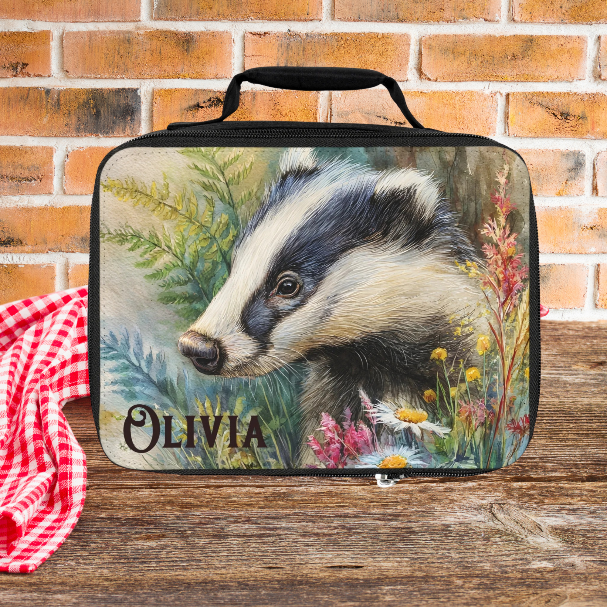 Lunch bag with badger design and 'Olivia' personalized text on a picnic table against a brick wall background