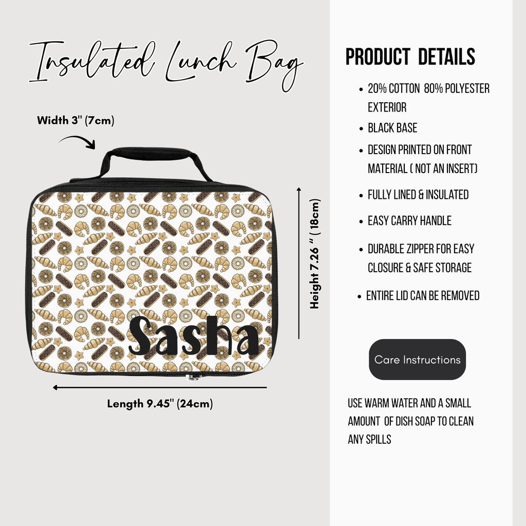 Insulated lunch bag with donut pattern and 'Sasha' branding, featuring dimensions and product details.