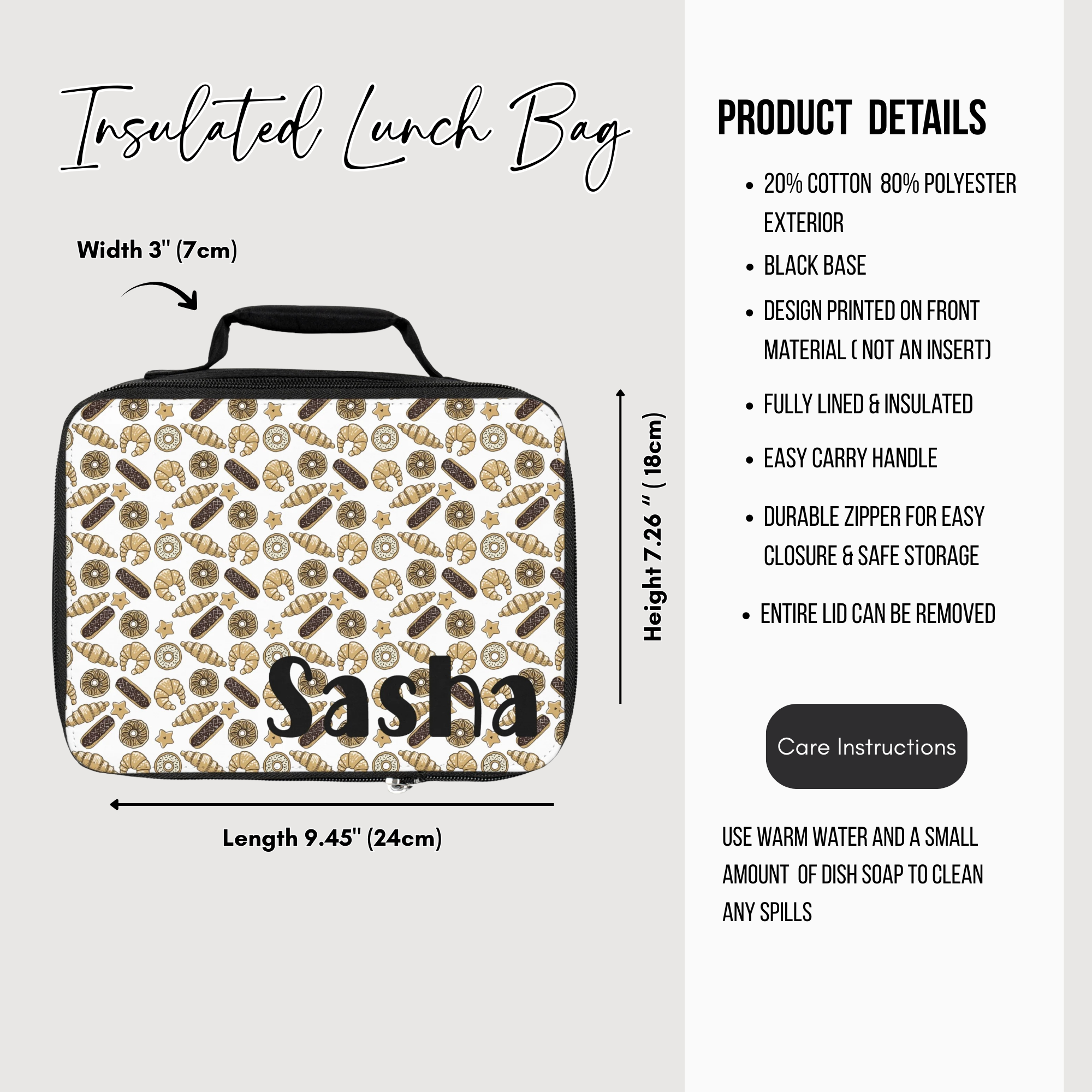 Insulated lunch bag with donut pattern and 'Sasha' branding, featuring dimensions and product details.
