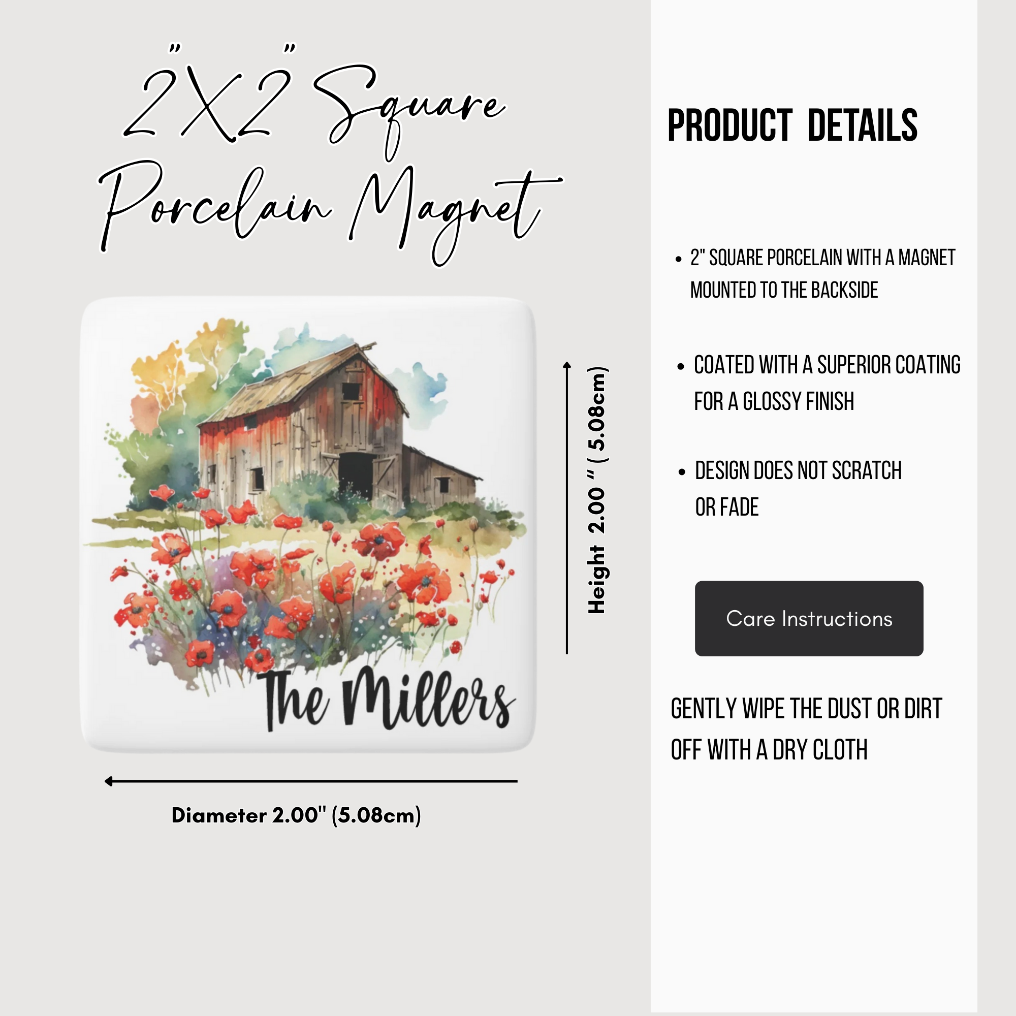 Square porcelain magnet with barn and flowers design, featuring product details on a white background.