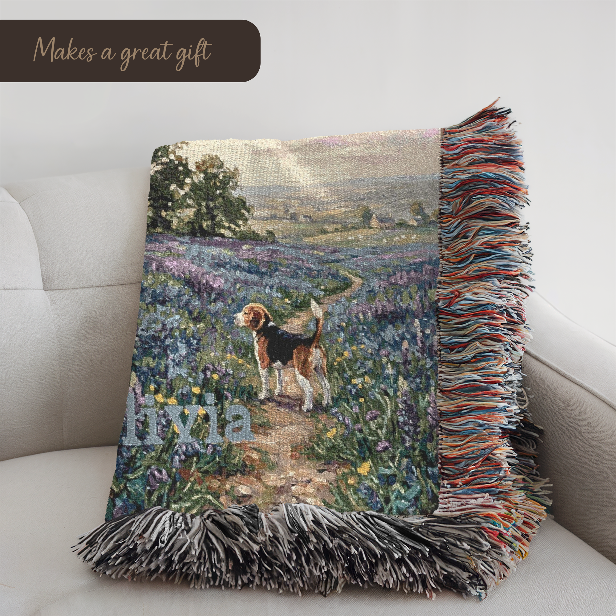 Personalized Beagle In Wildflowers Woven Blanket | Dog Tapestry Throw