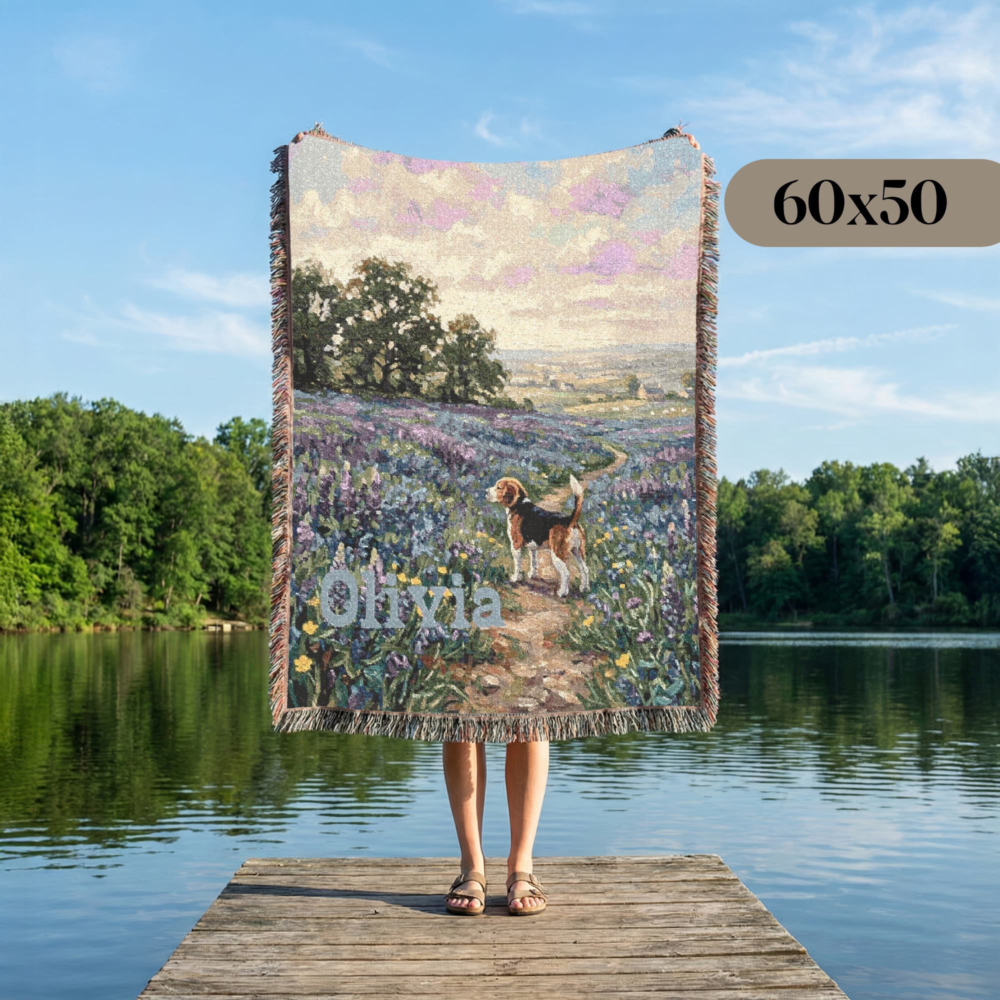 Personalized Beagle In Wildflowers Woven Blanket | Dog Tapestry Throw