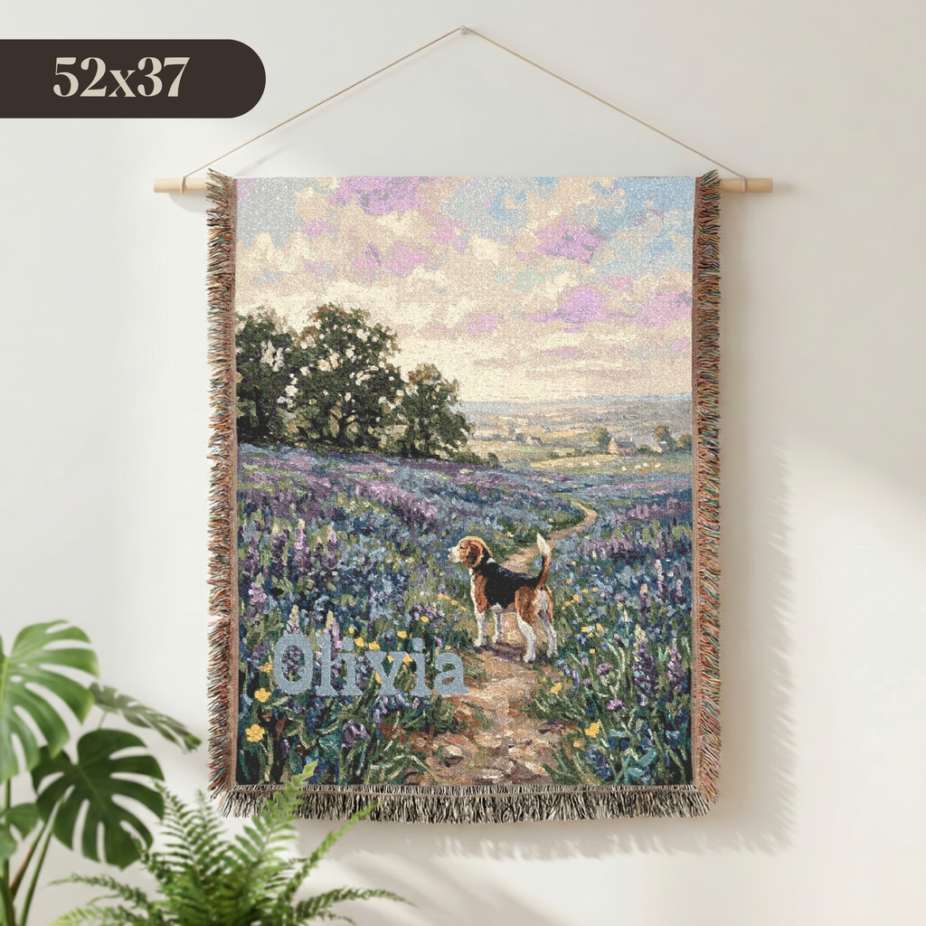 Personalized Beagle In Wildflowers Woven Blanket | Dog Tapestry Throw