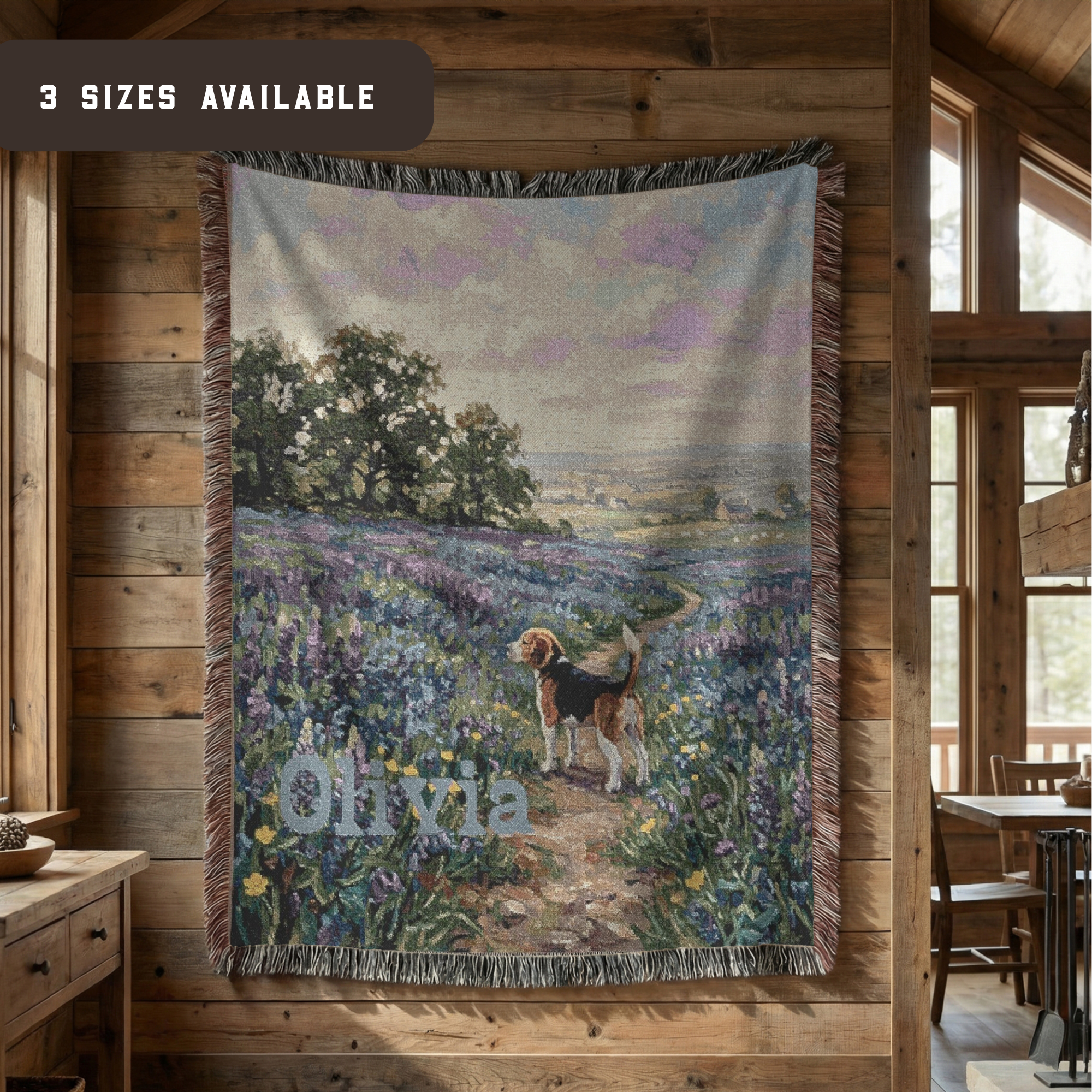 Personalized Beagle In Wildflowers Woven Blanket | Dog Tapestry Throw