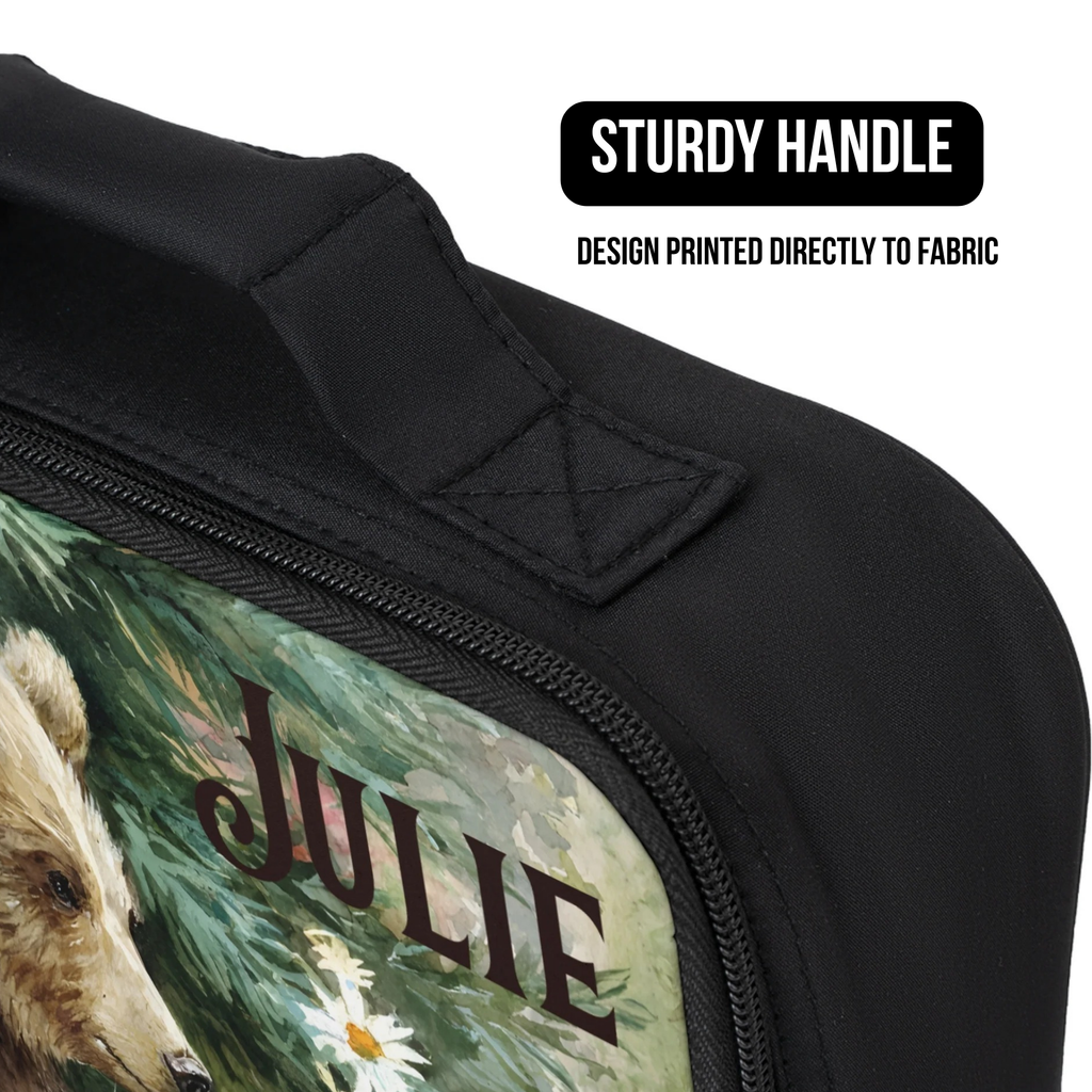 Black lunch bag with bear design and 'JULIE' custom text, featuring a sturdy handle.