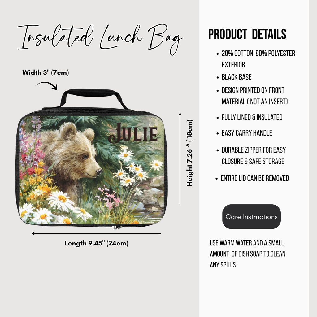 Insulated lunch bag with bear design and product details on a white background