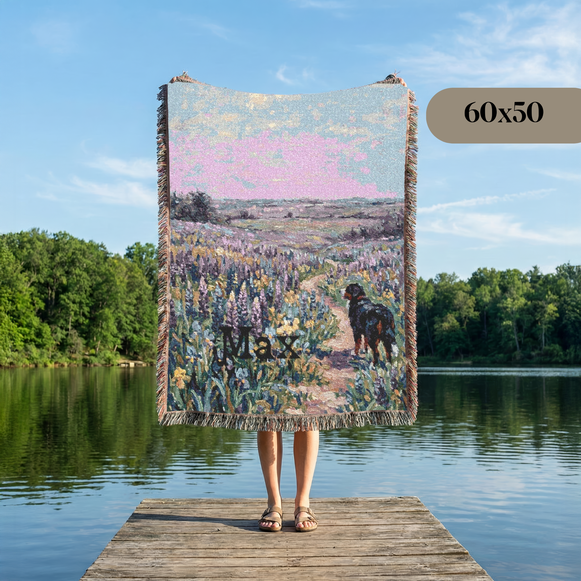 Personalized Bernese In Wildflowers Woven Blanket | Dog Tapestry Throw