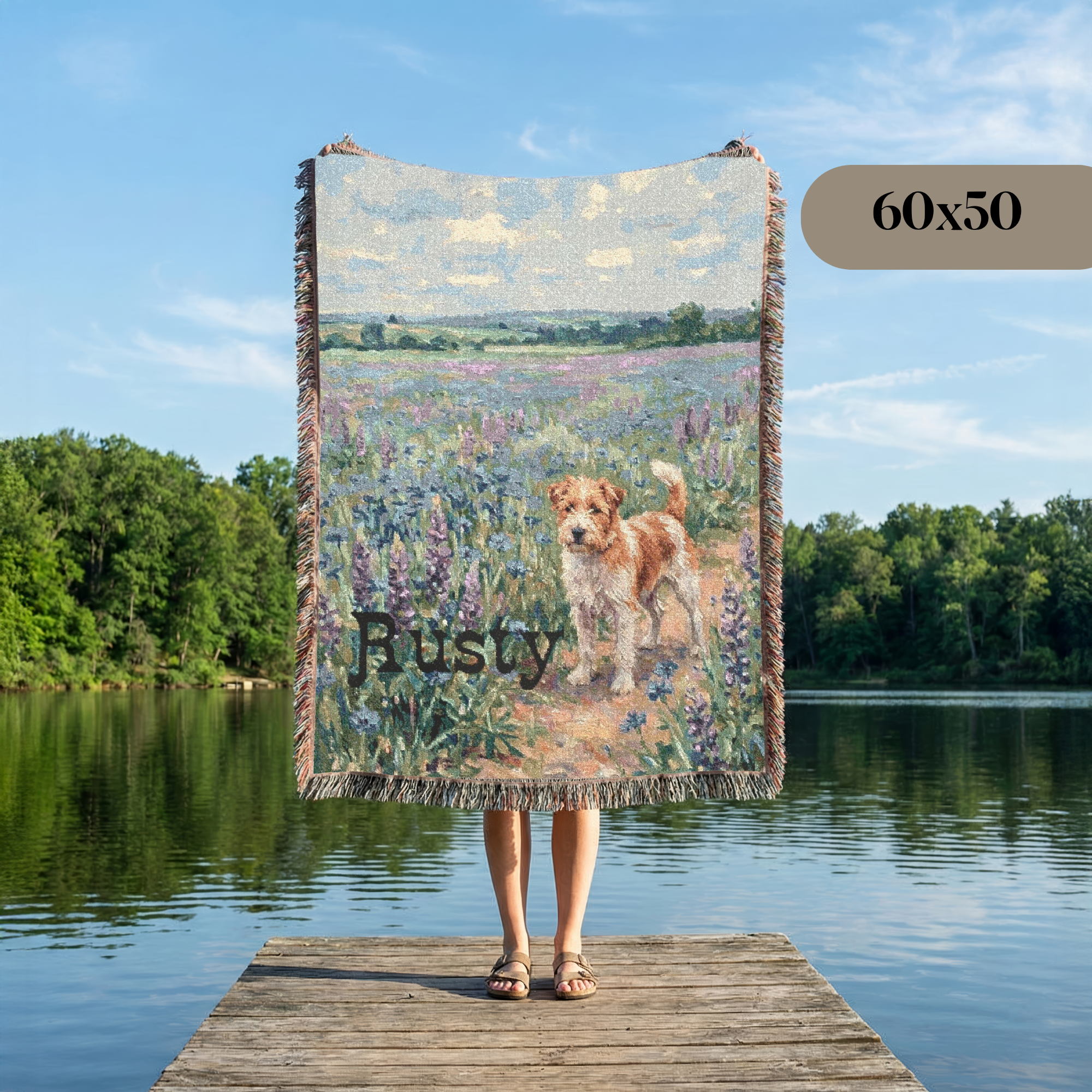 Personalized Jack Russell Terrier In Wildflowers Woven Blanket | Dog Tapestry Throw