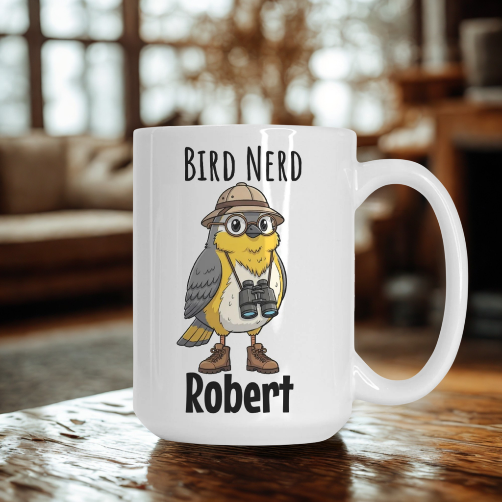 White mug with a cartoon owl design and text 'Bird Nerd Robert' on a wooden surface.