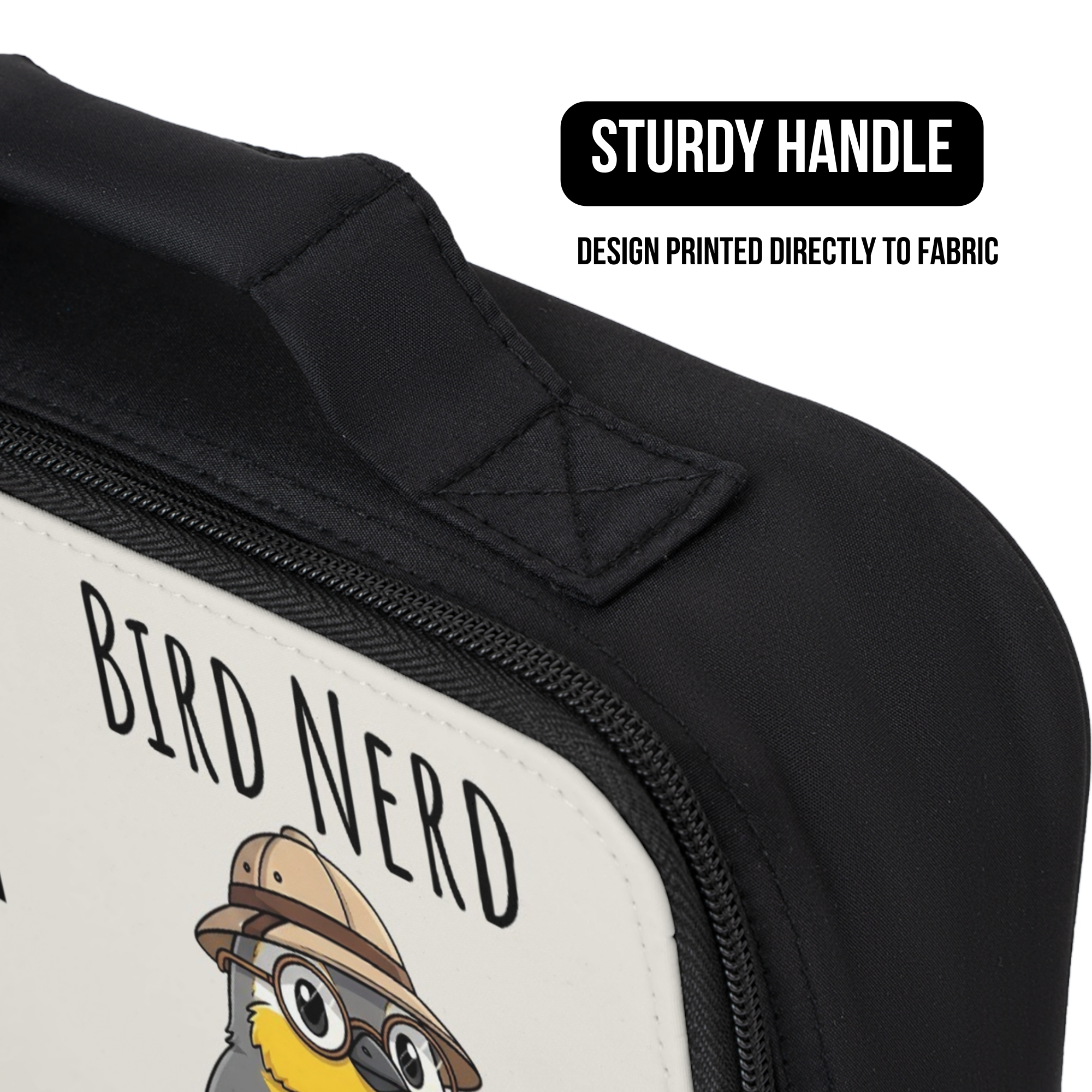 black lunch bag with a sturdy handle and personalized Bird Nerd design printed directly to the fabric.