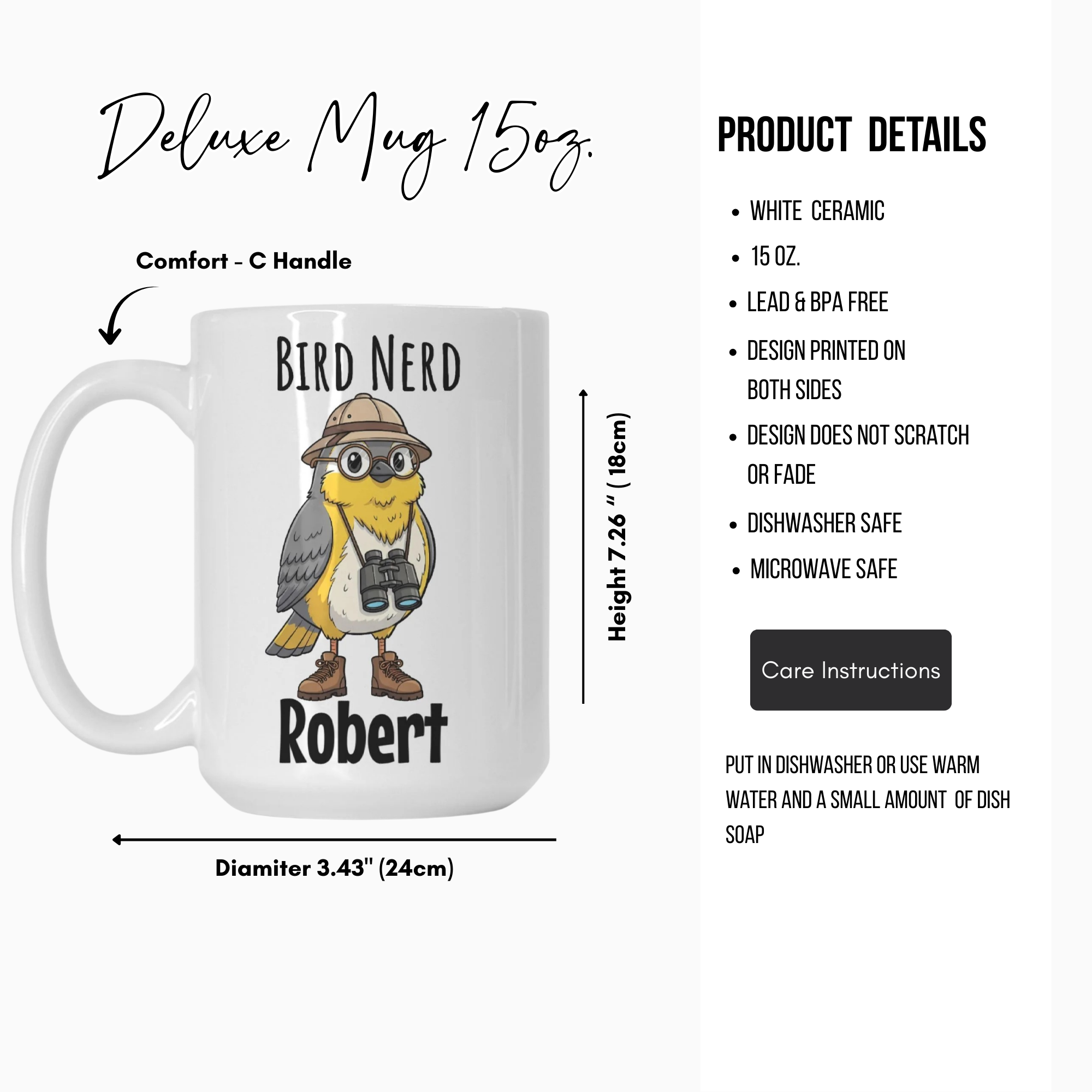 Mug with 'Bird Nerd Robert' design on a white background with product details.