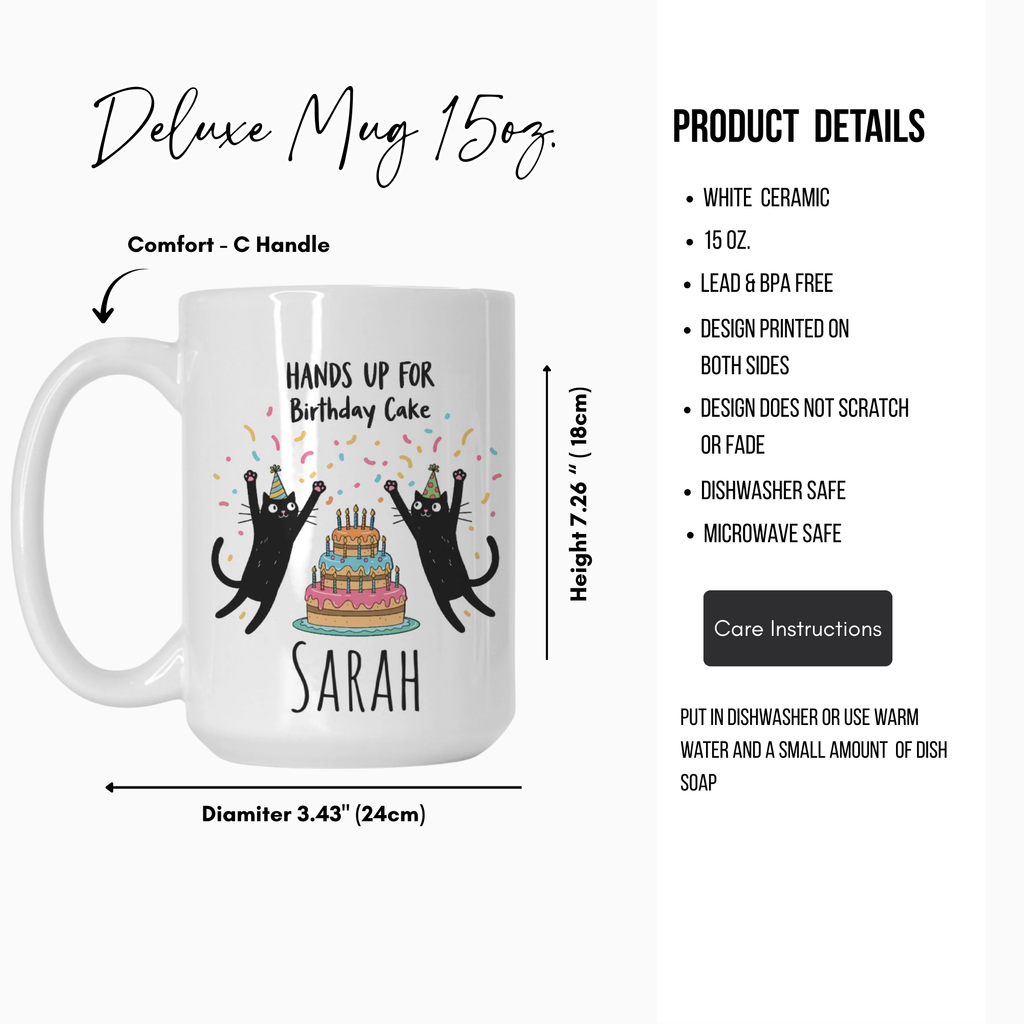 White mug with black cat design and text, featuring product details on a white background.