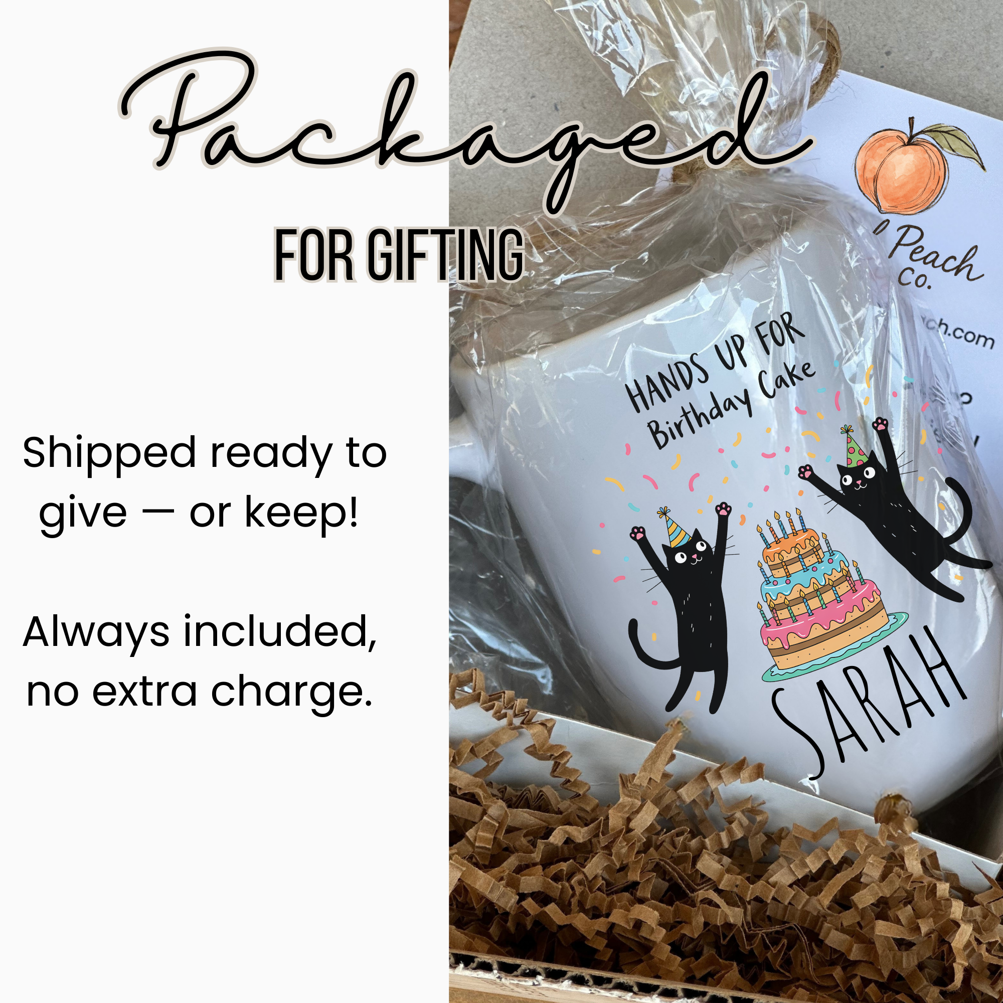 White mug with black cats and birthday cake design, wrapped in cellophane with text 'Peach Co'.