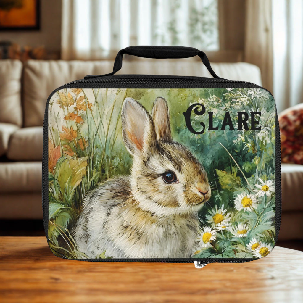  insulated lunch bag with a rabbit design and 'CLARE' text on a wooden living room table.