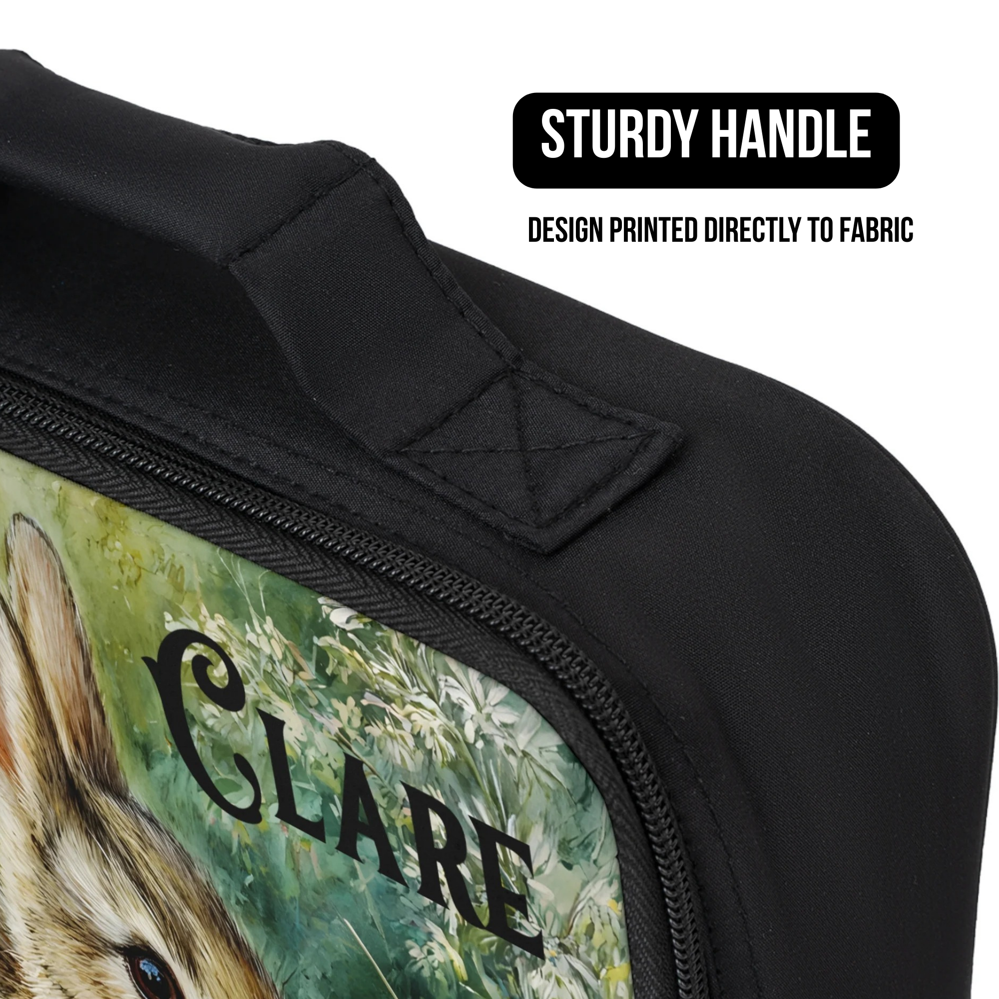 Black lunch bag with a design of a rabbit and the name 'Clare' printed directly to the fabric, featuring a sturdy handle.