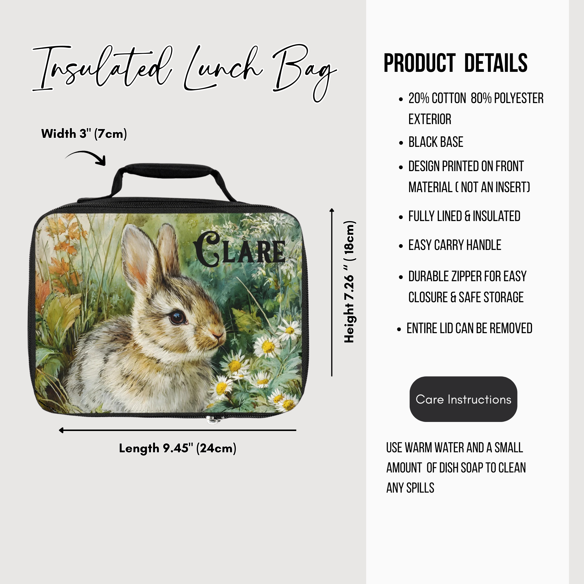 Insulated lunch bag with rabbit design and product details on a white background