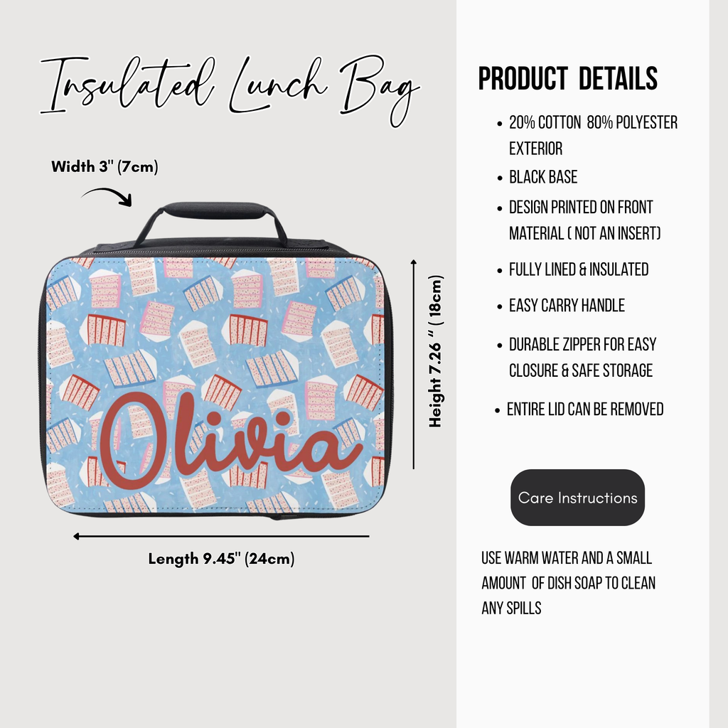 Insulated lunch bag with cake pattern design and product details on a white background