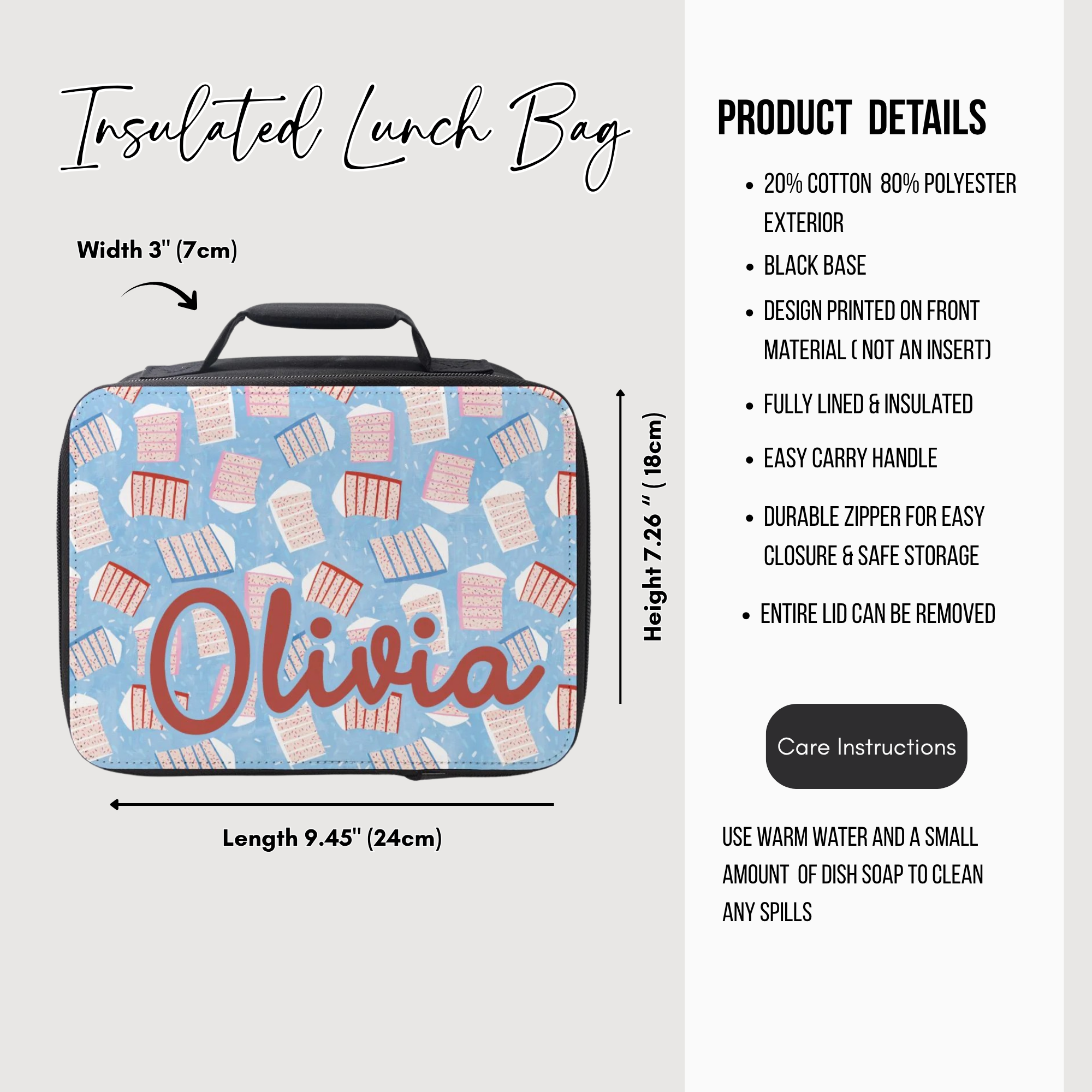 Insulated lunch bag with cake pattern design and product details on a white background
